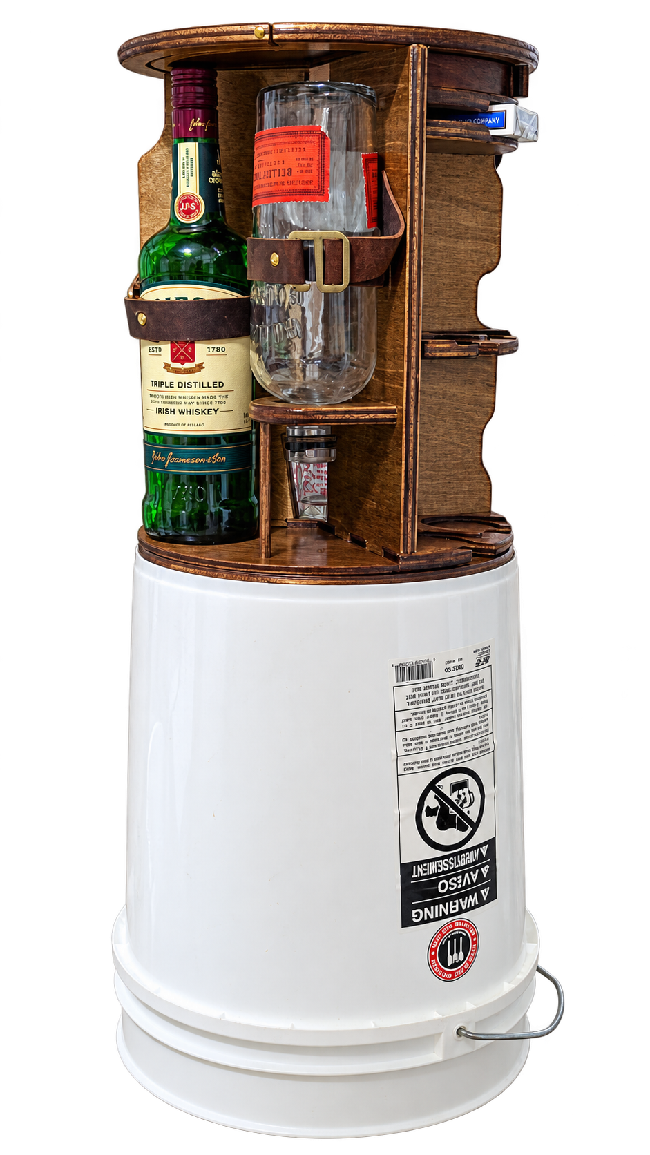 Side view showing bottle holders and the rotating wooden structure
